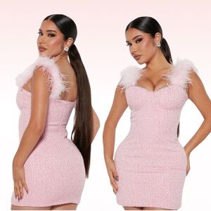 FASHION NOVA Pink Tweed Feather Strap Embellished Dress (Sz XS)